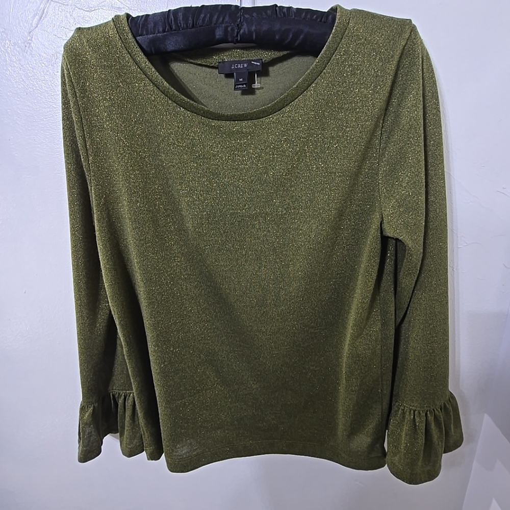 J Crew Womens Green Sparkle Gold Shimmer Bell Sleeve Blouse - Picture 6 of 7